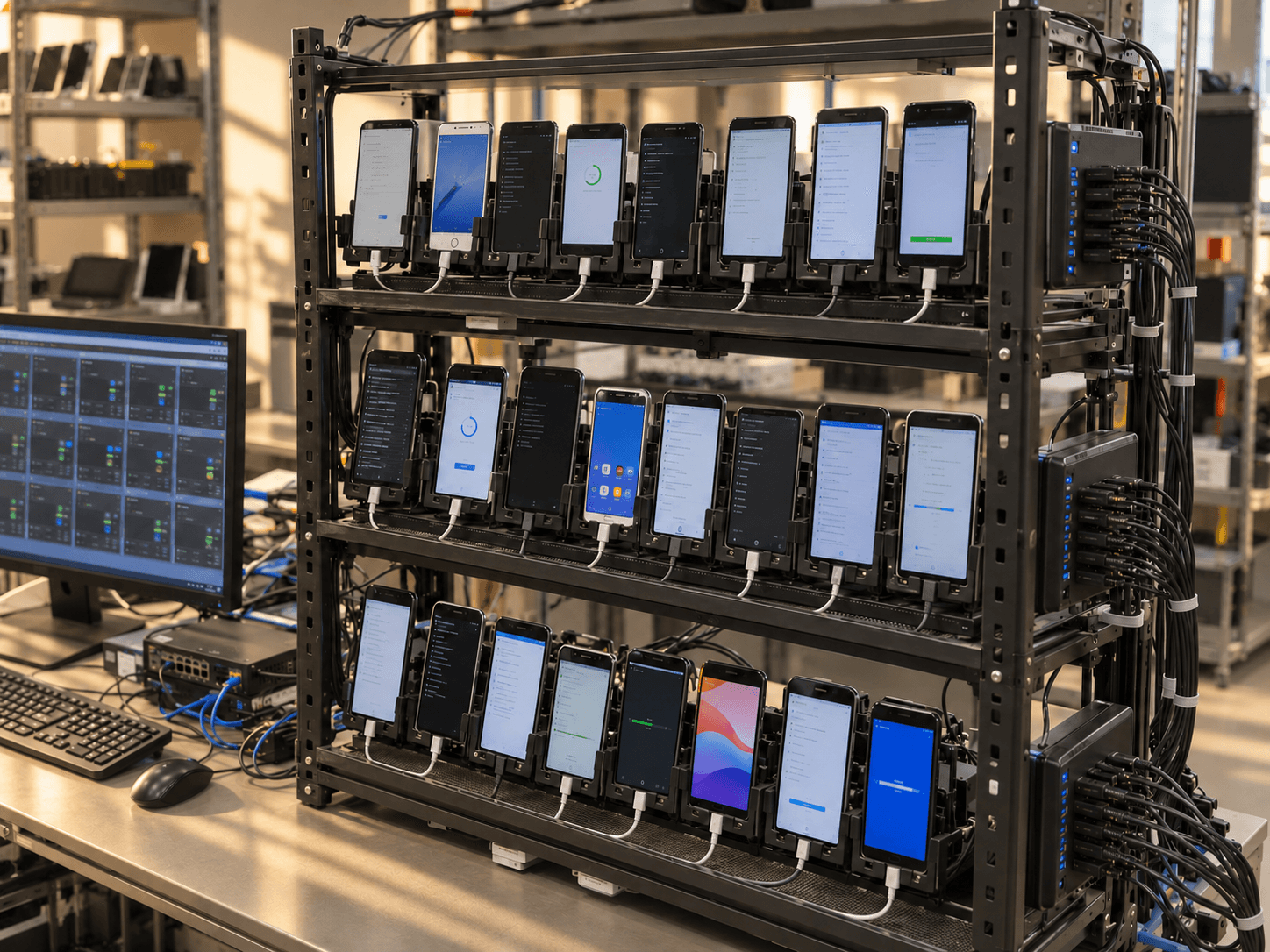 Concept image of a managed device lab with three racks of connected smartphones, USB hubs, and a control workstation